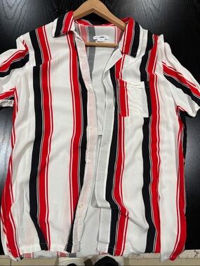 Fashion Nova Red, Black & White Striped Short Sleeve Button-Down